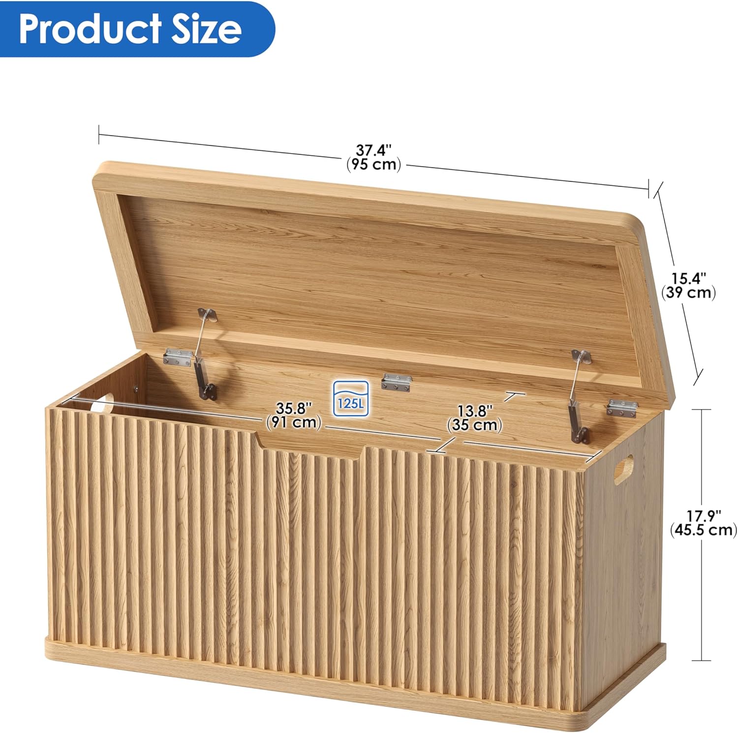 Akxomel 37.4" Fluted Storage Chest Wooden Storage Trunk 2 Safety Hinges Oak | Storage Chest with 2 Safety Hinges & Lift Top, Wooden Box Bench with Curved Profile, for Living Room, Entryway, Bedroom