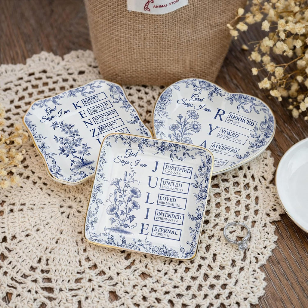 Personalized God Says I Am Toile De Jouy - Name Letter In Bible Verse Jewelry Dish - Custom Birth Flower Jewelry Dish - Christian Gift - Religious Affirmations Gifts