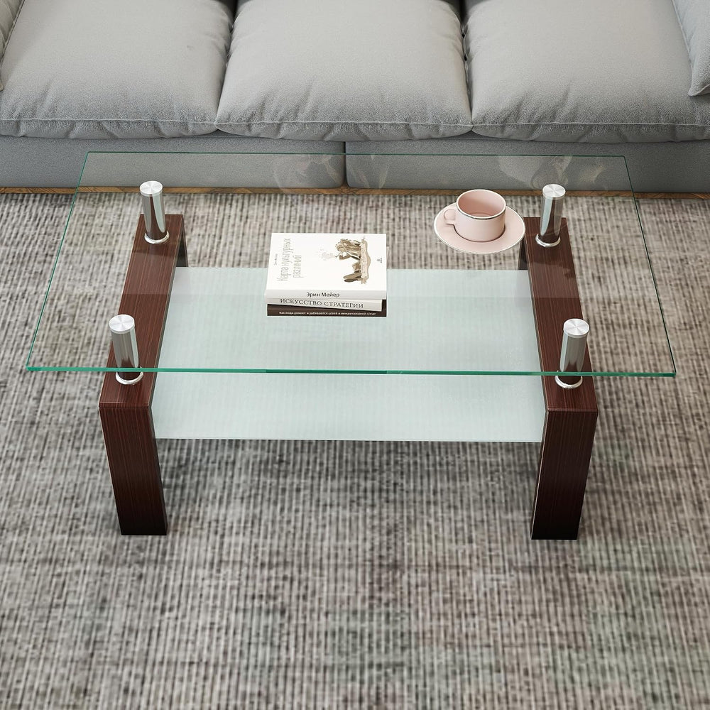 IANIYA Rectangle Glass Coffee Table, Modern Living Room Table with Brown Meta...