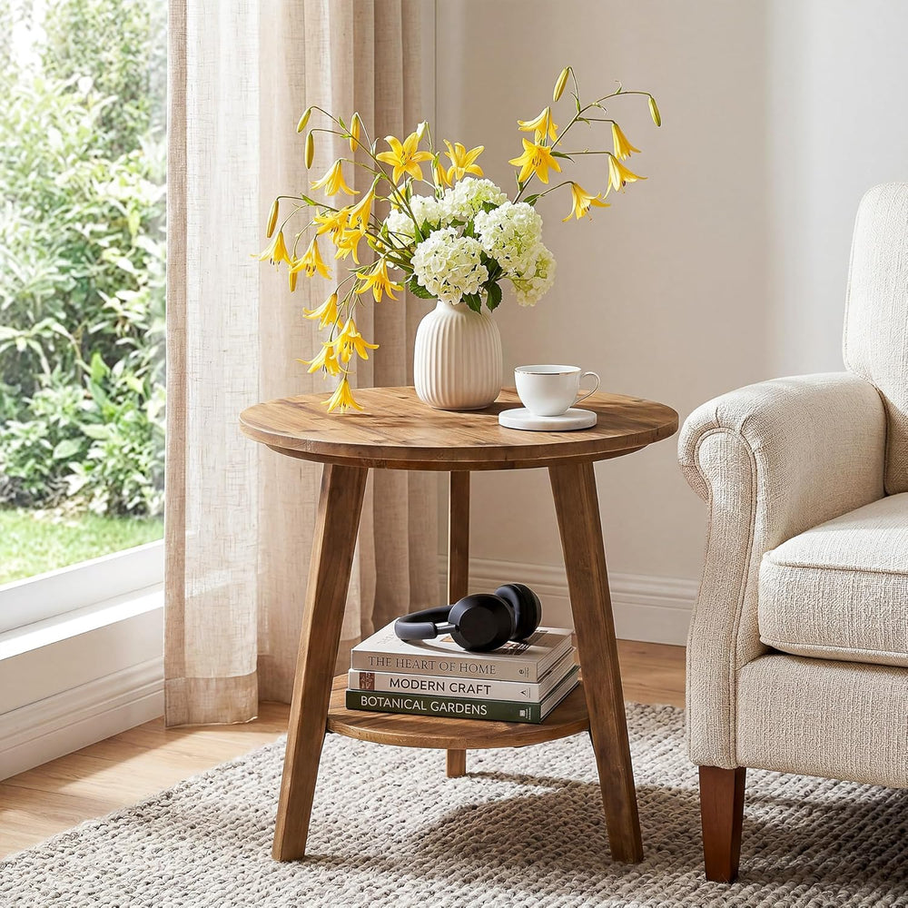 Tribesigns Solid Wood Round Side Table, 2-Tier Farmhouse End Table with Stora...