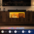 Haewon 63" Mid Century Modern TV Stand for TVs up to 75 Inch, Wood Entertainment Center with LED Lights and Power Outlet, Modern TV Console with Fluted Sliding Doors for Living Room, Walnut