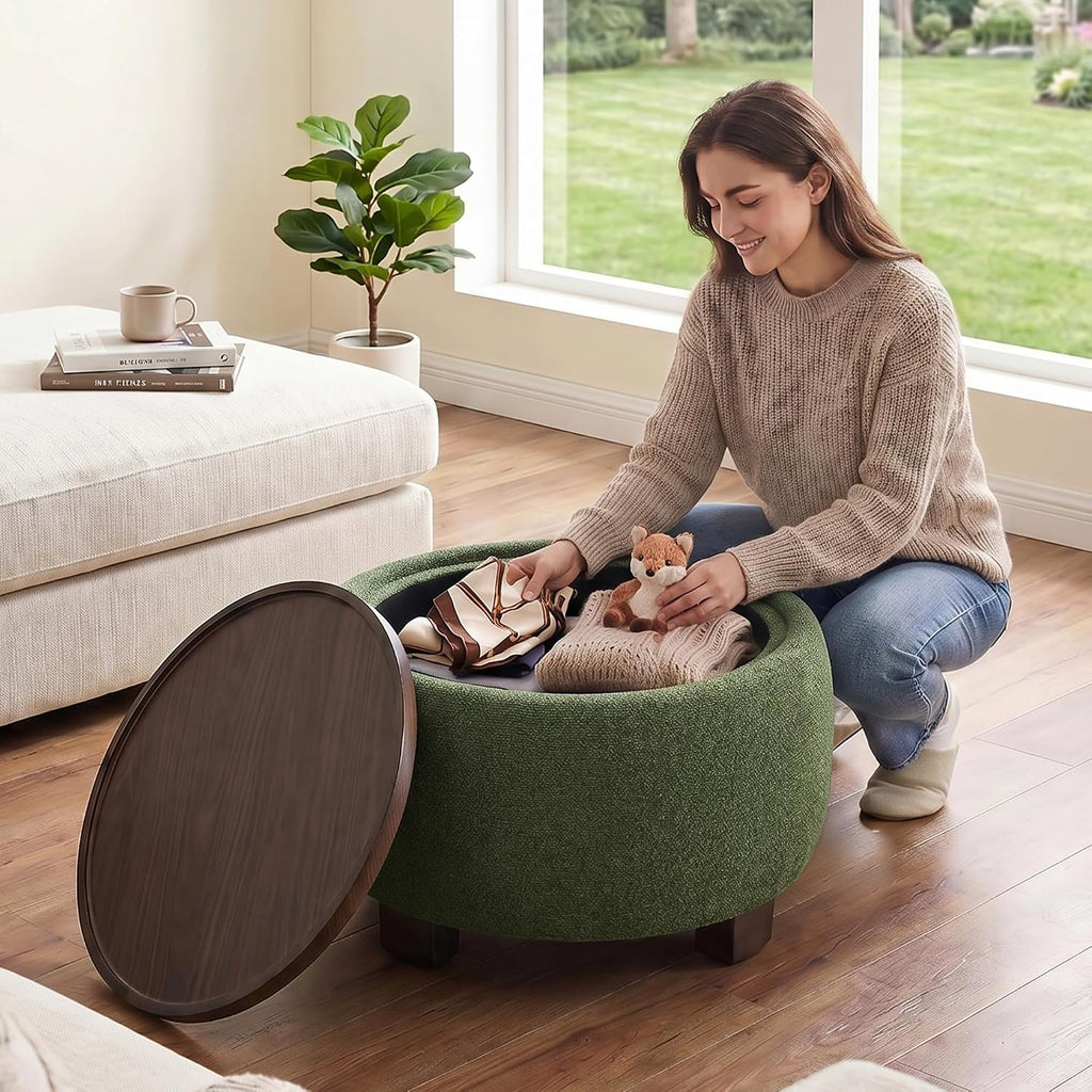 VKNOW 30" Round Storage Ottoman Coffee Table, Ottoman with Sotrage with Lift-Off Lid and Solid Wood Legs, Coffee Tables for Living Room, Bedroom, Apartments, Corners, Green