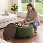 VKNOW 30" Round Storage Ottoman Coffee Table, Ottoman with Sotrage with Lift-Off Lid and Solid Wood Legs, Coffee Tables for Living Room, Bedroom, Apartments, Corners, Green