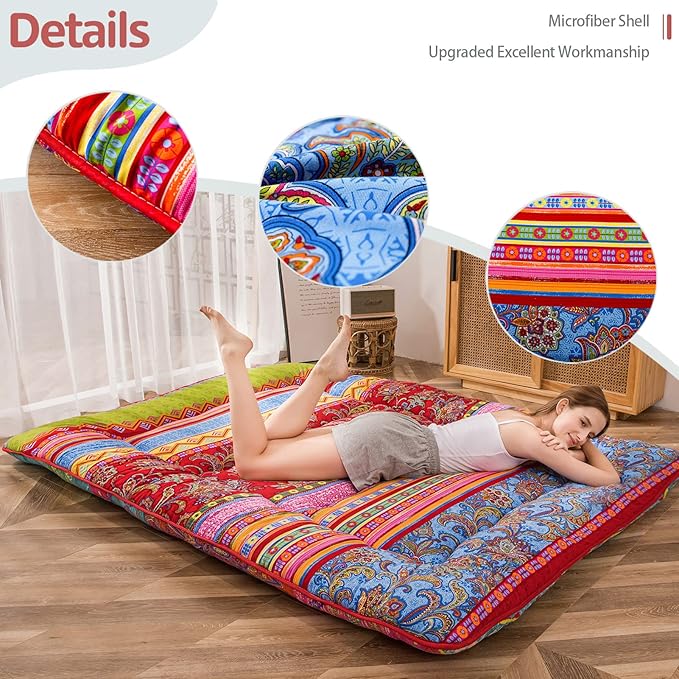 MAXYOYO Japanese Floor Mattress Futon Mattress, 4" Thicken Tatami Mat Sleeping Pad Foldable Roll Up Mat Boys Girls Dormitory Pad Kids Floor Lounger Pillow Bed, Charcoal Grey, Queen Size