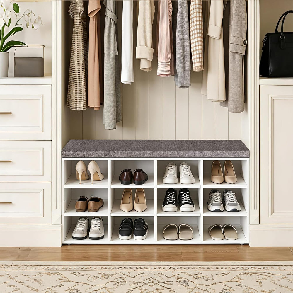 DINZI LVJ Shoe Storage Bench with Cushion, Cubby Shoe Rack with 12 Cubbies, A...