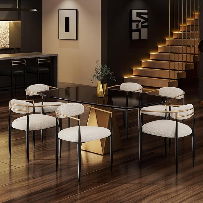 Morden Fort Modern Dining Chairs Set of 6, Upholstered Boucle Dining Chairs with Gold Armrest and Black Metal Legs, Accent Chairs for Kitchen, Living Room and Lounge