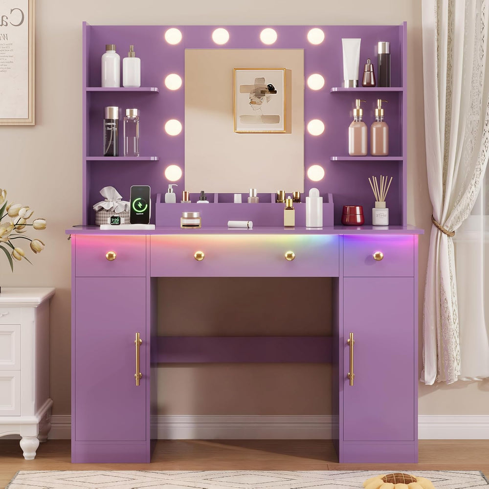HUANLEGO Vanity Desk with Mirror and Lights, Makeup Vanity with Mirror and LE...