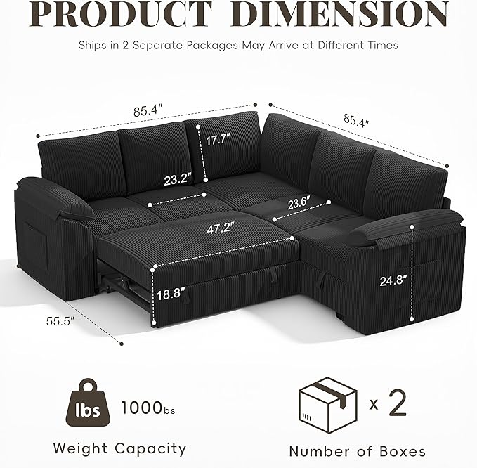 85 Inch Sectional Sleeper Sofa Bed with Pull Out Couch, U Shaped 5 Seat Cloud Modular Sectional Sofa with Storage, Corduroy Sectional Couches for Living Room, Removable Sofa Cover, Dark Grey
