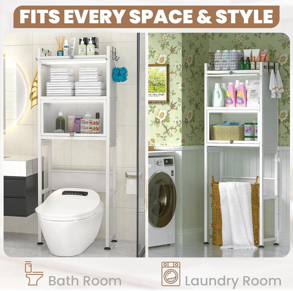 ZZL Over The Toilet Storage Cabinet,3-Tier,Bathroom Toilet Organizer,Waterproof, Cabinet Door Design,Freestanding Space Saver with 4 Hooks for Bathroom,White