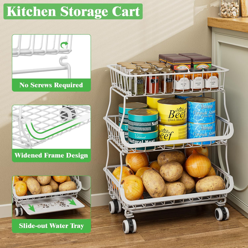 3 Tire Rolling Pantry Organizers and Storage Cart on Wheels | Metal Frame, Un...