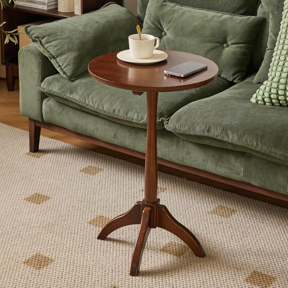 Small Round Side Table, Solid Wood End Table with Adjustable Height, Portable...