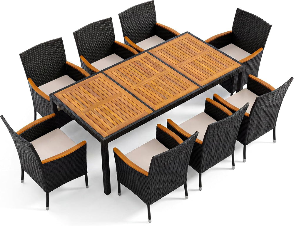 Devoko 9 PCS Acacia Wood Patio Dining Set, Black Rattan
