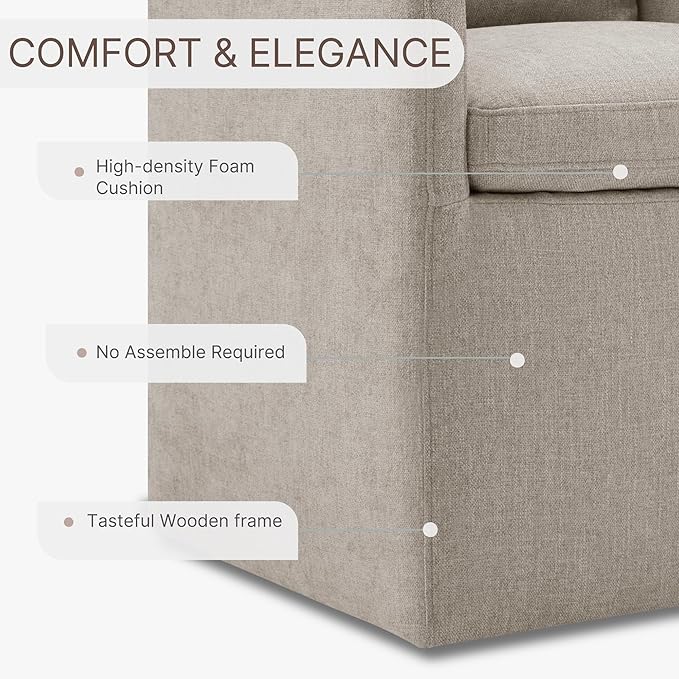 Upholstered Dining Chairs with Casters, No Assembly Modern Accent Armchair with Rollers for Dining Room, Bedroom, Living Room, Reading Room, Already Assembled, White, 1 Box