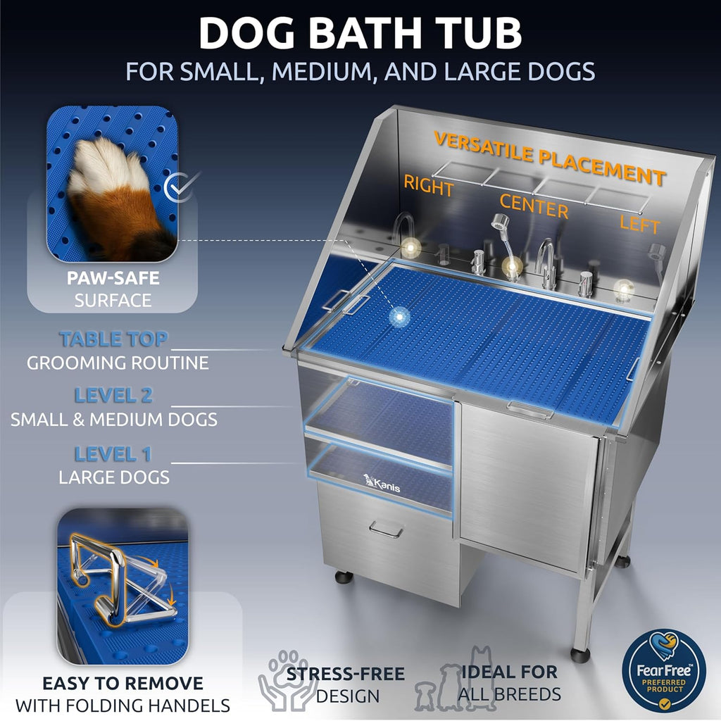 KANIS Professional Dog Washing Station - 304 Stainless Steel Pet Wash Sink & Grooming Bathtub w/Shower, Floor Grates and Storage for Large, Medium & Small Pets (40", 1 Drawer - Right Ramp)