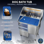KANIS Professional Dog Washing Station - 304 Stainless Steel Pet Wash Sink & Grooming Bathtub w/Shower, Floor Grates and Storage for Large, Medium & Small Pets (40", 1 Drawer - Right Ramp)