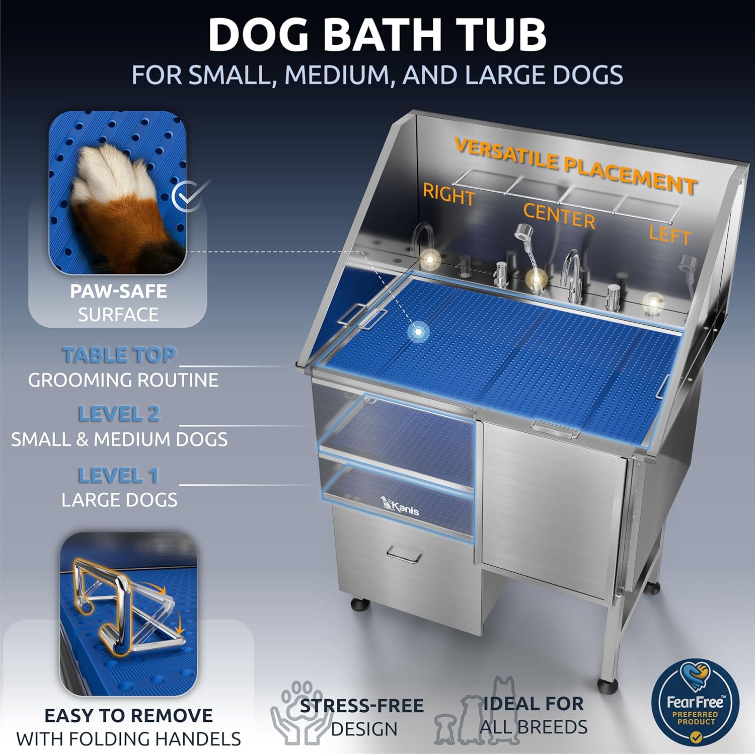 KANIS Professional Dog Washing Station - 304 Stainless Steel Pet Wash Sink & Grooming Bathtub w/Shower, Floor Grates and Storage for Large, Medium & Small Pets (40", 1 Drawer - Right Ramp)