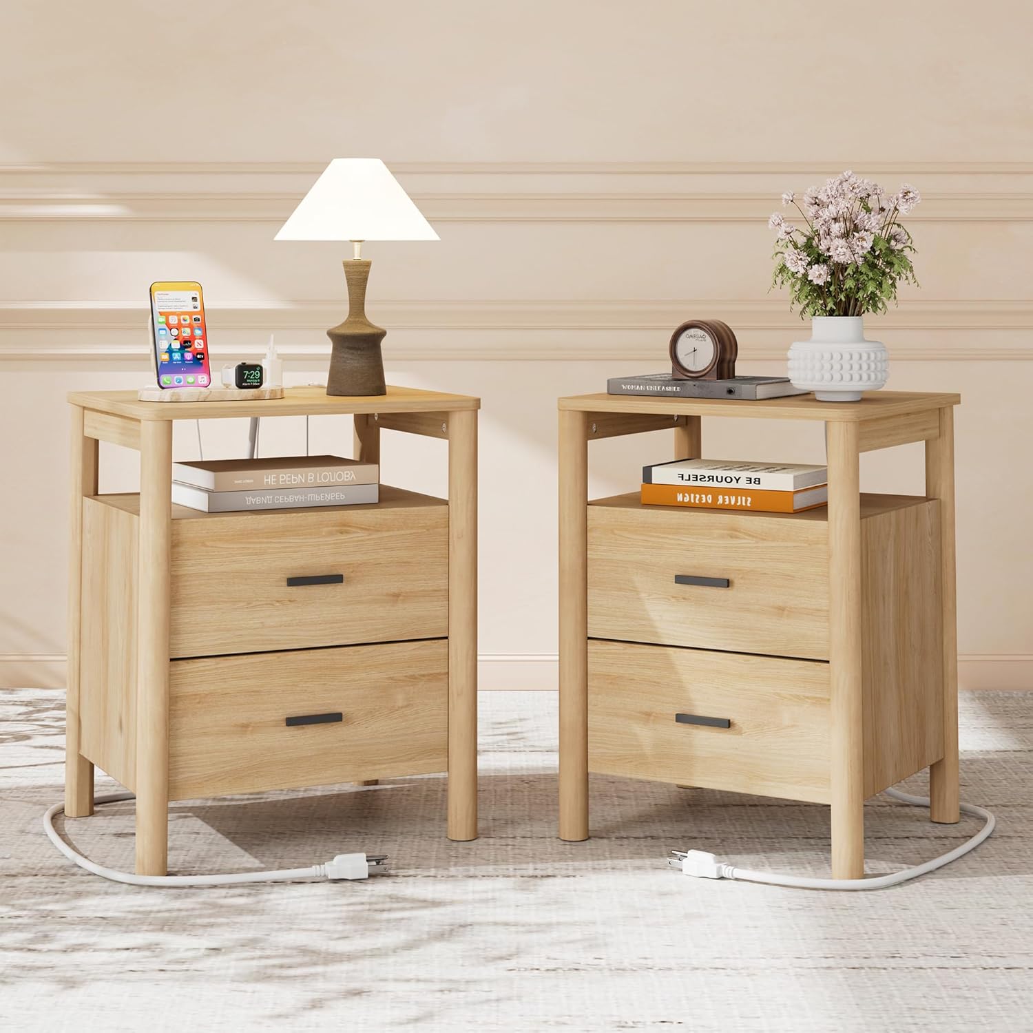 Night Stand Set of 2 with Charging Station, 20" Large Modern Side Table with Solid Round Post Legs, 2 Drawers End Table with Open Shelf, Nightstand for Bedroom, Natural Oak