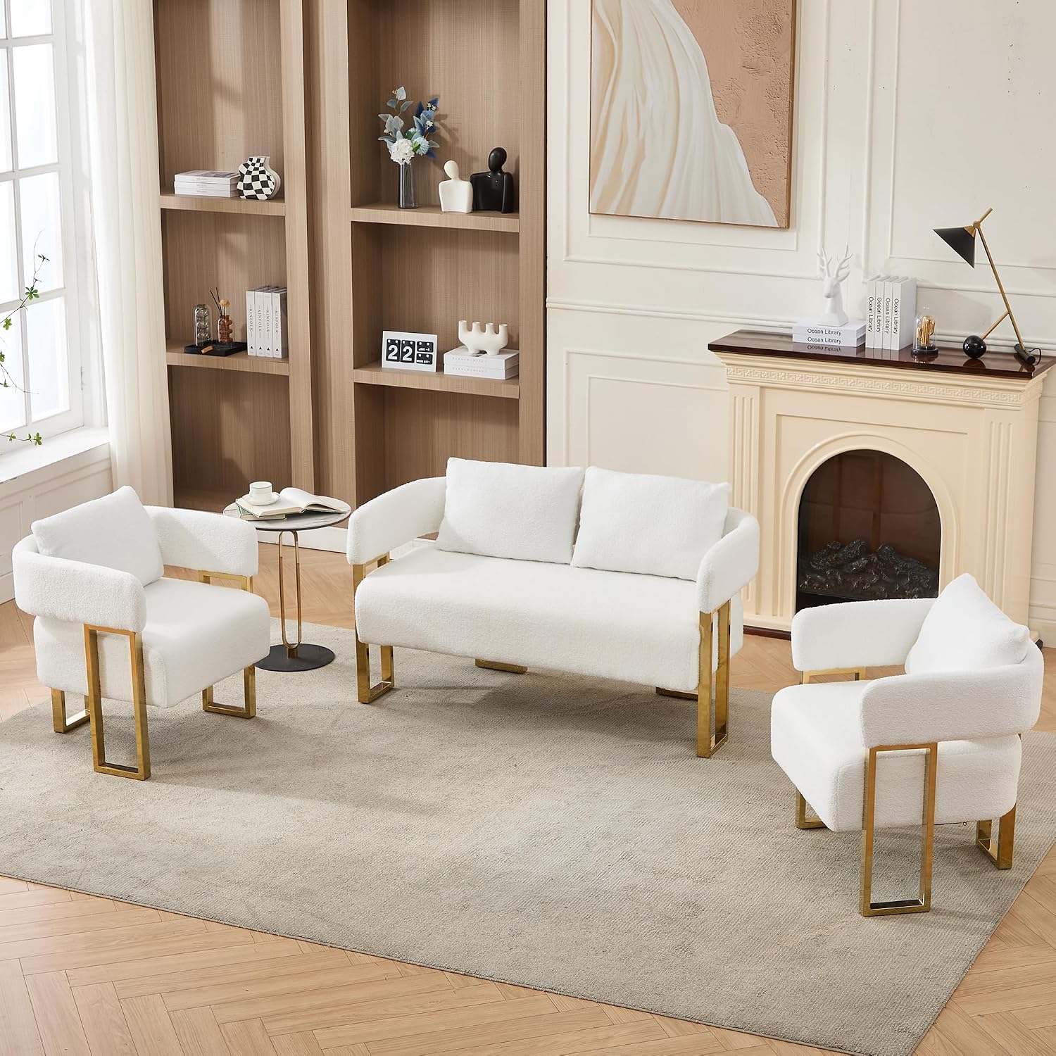Loveseat Sofa and 2 Modern Accent Chairs no Wheels, Living Room Side Chairs with Golden Metal Legs, Barrel Soft TeddyUpholstered Reading Armchairs for OfficeStudyReception RoomBedroomLounge,White