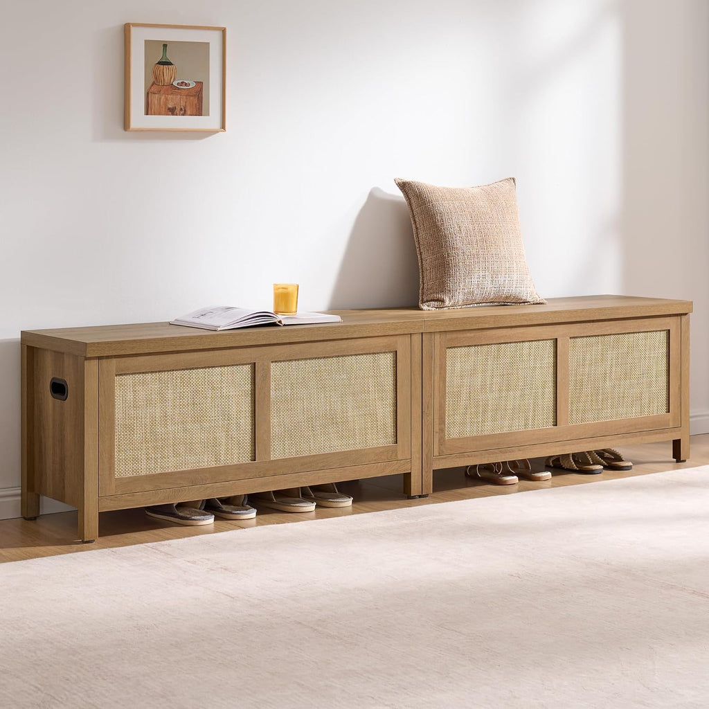 SICOTAS Rattan Storage Chest 39.4" Storage Bench for Bedroom | Boho Storage Truck with 2 Safety Hinges and Flip Top for Living Room Entryway, Supports 220 lb, Oak