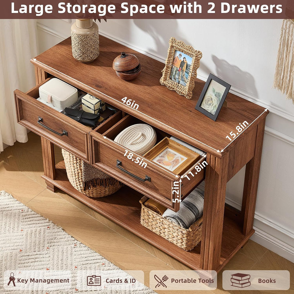 SAVOR LIFE 46" Farmhouse Console Table with Drawers, Brown Entryway Tabl...