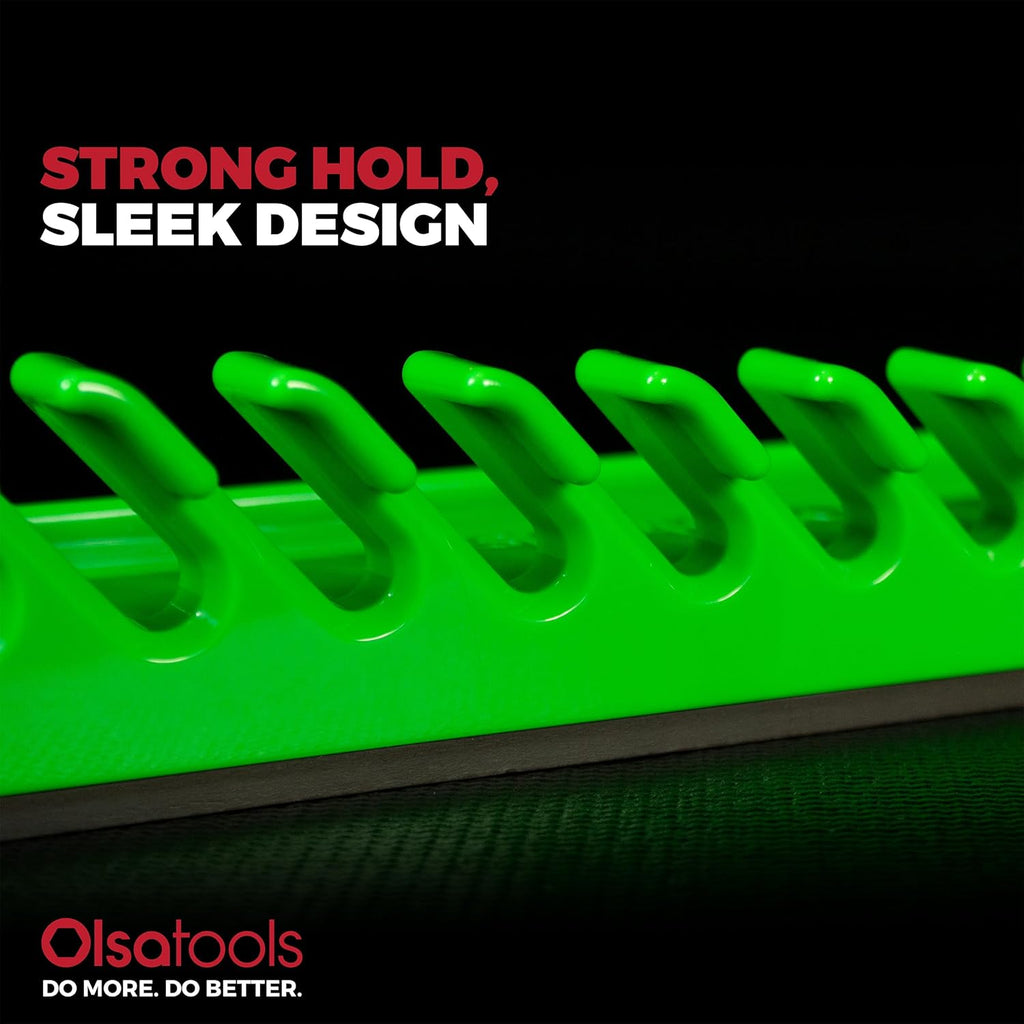 Olsa Tools Magnetic Wrench Organizer, Green - 15 Slot Wrench Holder Rack - SAE and Metric Wrench Storage Rail for Toolbox or Wall - Scratch Free Rubberized Magnetic Base - Part: 1875