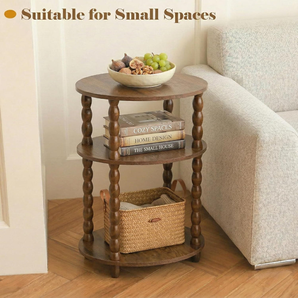 3-Tier Oval Side Table with Solid Wood Legs, Small End Table with Storage She...