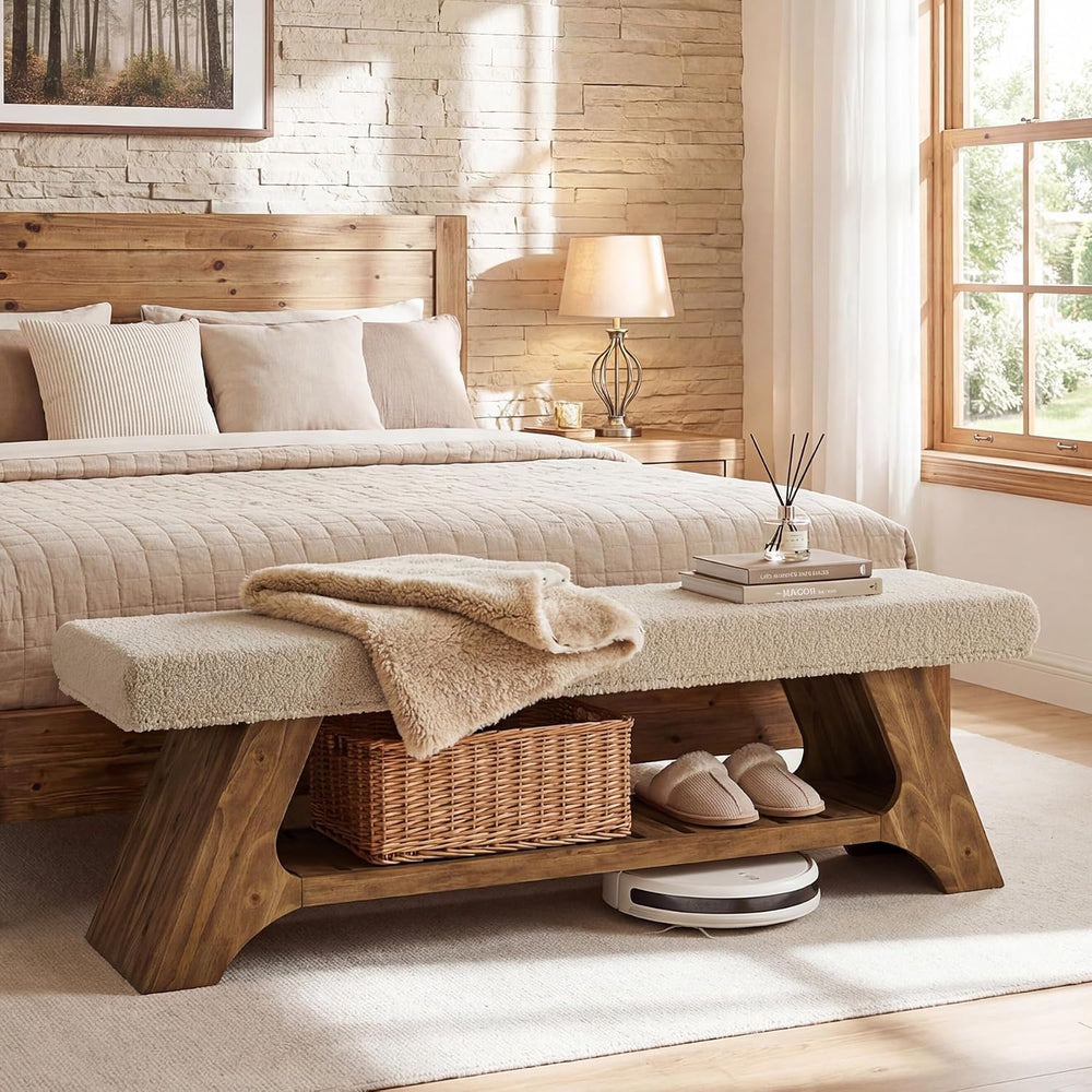 Tribesigns 55" Solid Wood Bench with Cushion and Shoe Storage, 2-Tier Up...