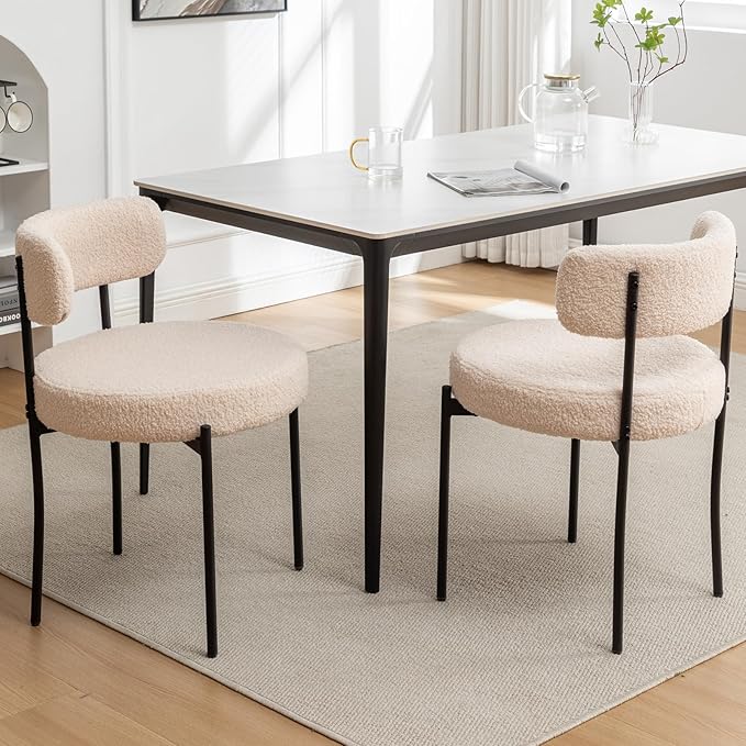 Boucle Dining Chairs Set of 2, Mid Century Modern Dining Room Chairs with Metal Legs, Upholstered Kitchen Chairs for Dining Room, Kitchen (Beige)