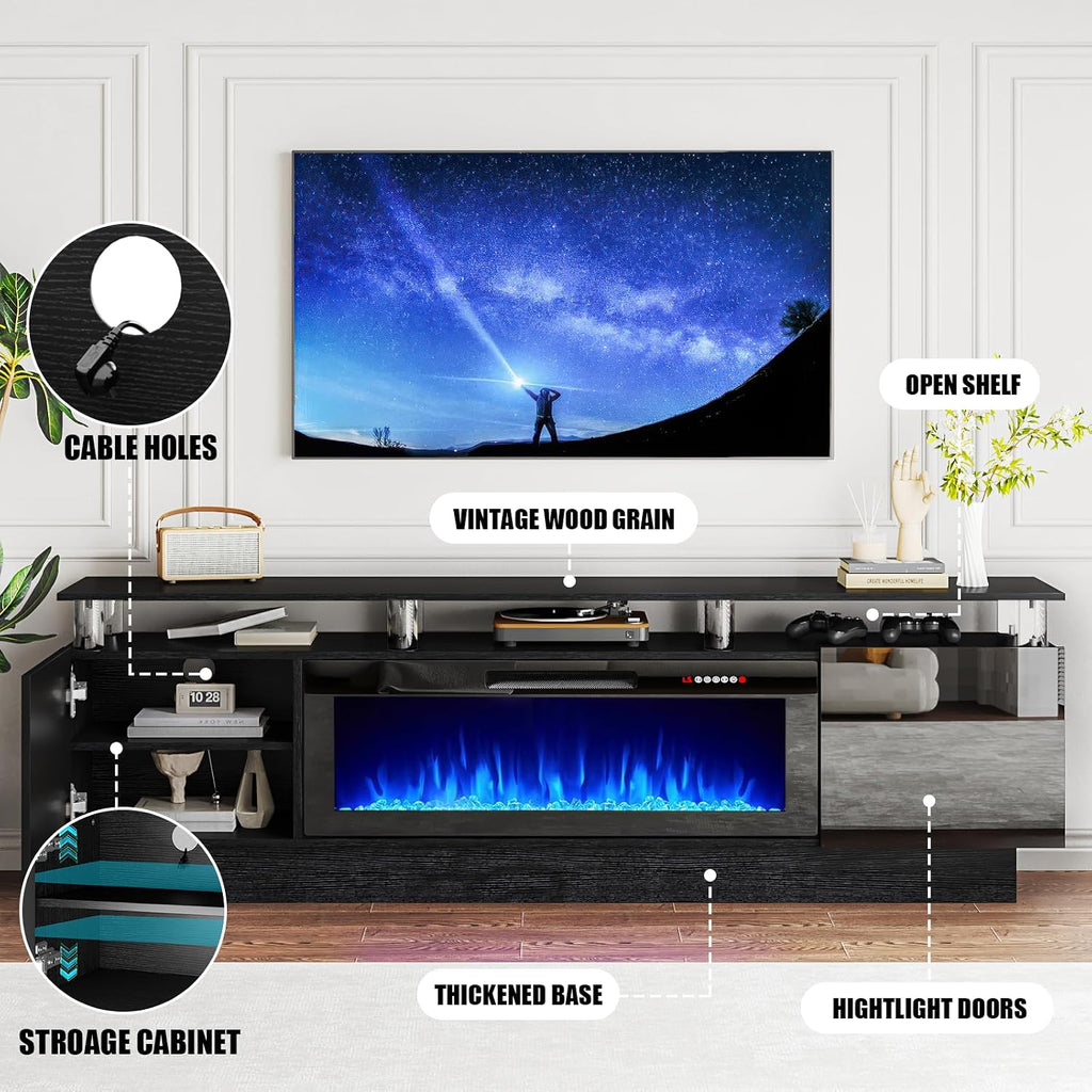 PRETZI 70" Modern Fireplace TV Stand with 36" Electric Fireplace for TVs Up to 80 inch, Luxury LED Light Entertainment Center with High Gloss Cabinet (Black, 70" (8 Acrylic Posts))