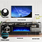 PRETZI 70" Modern Fireplace TV Stand with 36" Electric Fireplace for TVs Up to 80 inch, Luxury LED Light Entertainment Center with High Gloss Cabinet (Black, 70" (8 Acrylic Posts))
