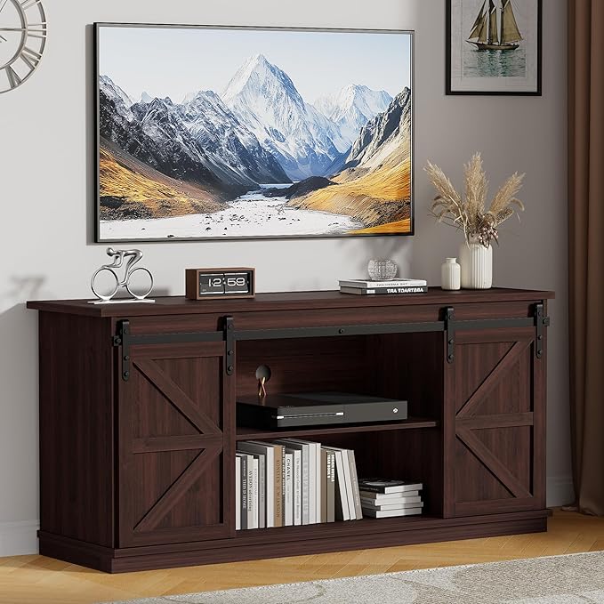 JUMMICO TV Stand with 4 Drawers for 65 Inch TV, Farmhouse Entertainment Center with Storage and Sliding Barn Doors, Rustic Media TV Console Cabinet with Shelves for Living Room Bedroom (Rustic Oak)