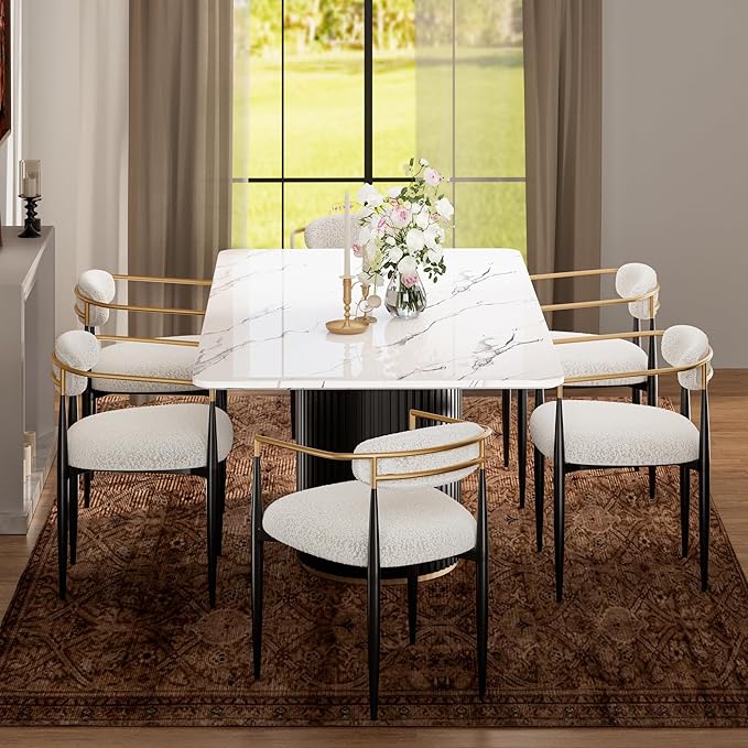 Morden Fort Modern Dining Chairs Set of 2, Upholstered Boucle Dining Chairs with Gold Arms and Black Metal Legs for Kitchen, Living Room and Apartment