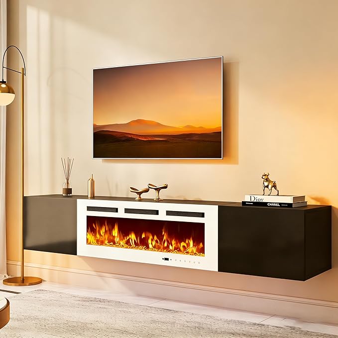 MXV 80'' Floating TV Stand, Modern Media Entertainment Center with 40" Electric Fireplace, TV Console Cabinet Wall Mounted, Adjustable 12-Color LED Lights, for Living Room, Black + White