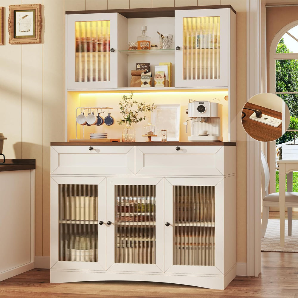 HUAHUU 71" Kitchen Pantry Cabinet with Lights & Acrylic Doors, Pantr...
