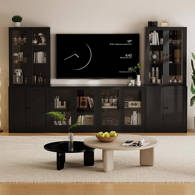 TUSY 71" TV Stand Storage Set - 2 Tall Bookcases & 2 Side Cabinets, Media Console with Glass & Wood Doors, Entertainment Center with Drawers, Tall Media Console for Living Room (Black, ADDA)