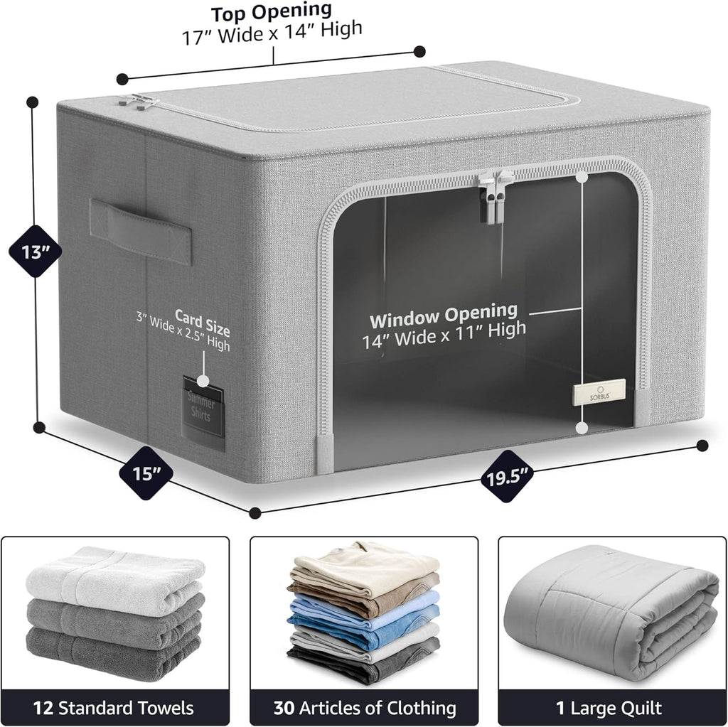 Sorbus Storage Bins with Metal Frame - Stackable & Foldable Clothes Organizer Bags - Oxford Fabric Storage Containers with Large Clear Window & Carry Handles Organization for Bedding Linen & Clothing