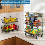 OKZEST 3-Tier Rolling Pantry Floor Organizer and Storage Cart with Wheels, Stackable Wire Pantry Baskets for Pantry Shelves, Kitchen Fruit Basket Stand and Storage Rack for Fruit Snack Onion Potato