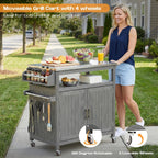 FUQARHY 43.3-Inch Solid Wood Outdoor Kitchen Island with Storage Cabinet, Grill Table with Stainless Steel Top, Outdoor Cooking Prep Station with Lockable Wheels for Backyard, Patio, Party (Gray)
