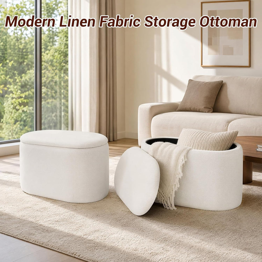 Oval Ottoman with Storage for Living Room, Modern Linen Fabric Foot Stools Ot...