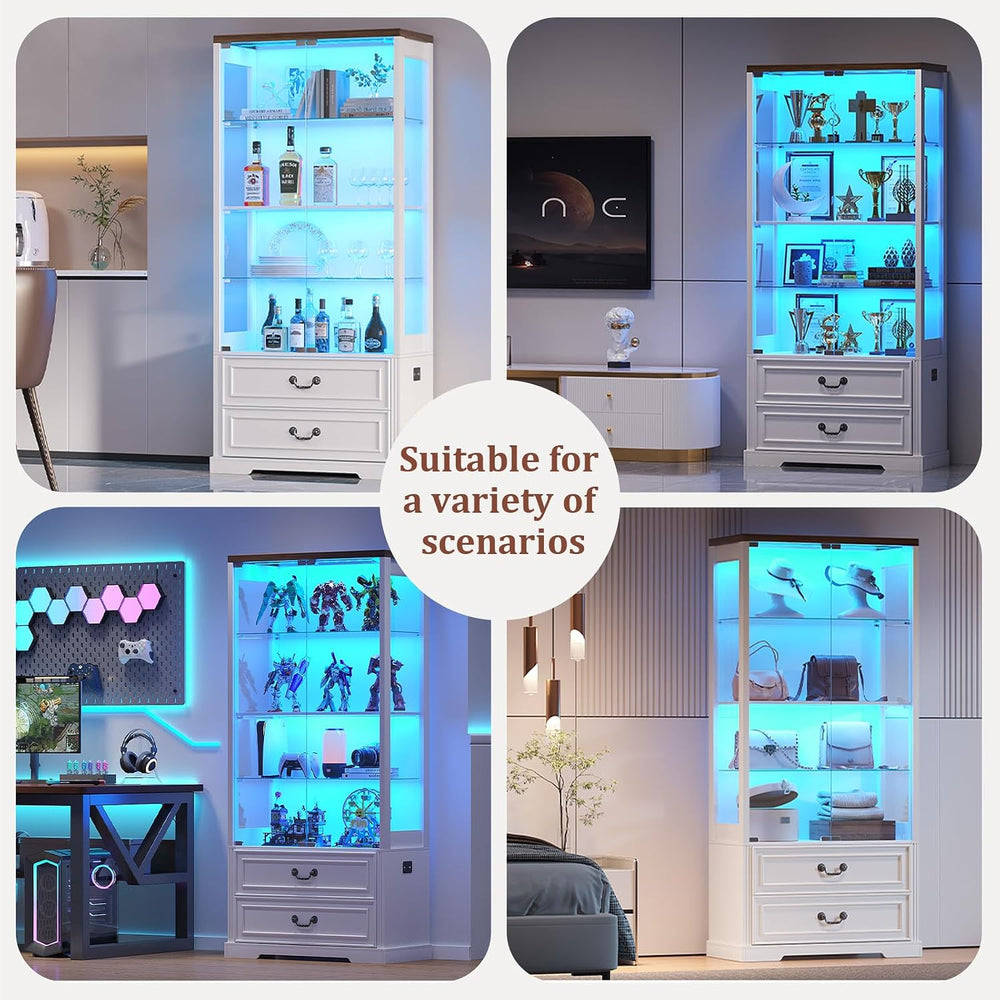 FREDEES 4-Tier Glass Display Cabinet with 2 Drawers