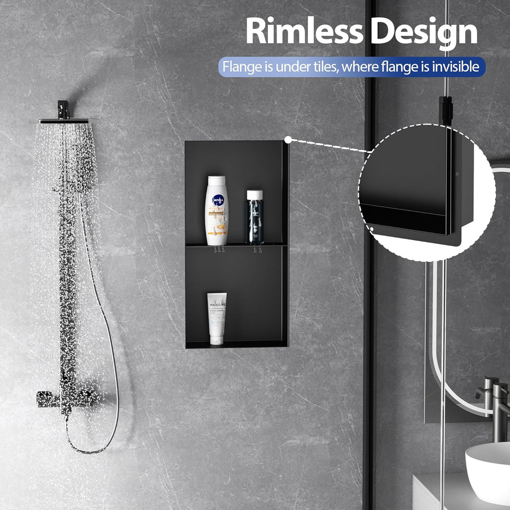 Stainless Steel Shower Niche 12" X 24", No Tile Needed Wall Niche Shower with Double Shelves, Recessed Shower Shelf for Bathroom Storage, Matte Black