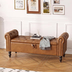 Furniliving 55” End of Bed Bench, Bedroom Bench with Button-Tufted, Large Upholstered Storage Ottoman Entryway Bench with Storage Shoe Cabinet Bench, for Bedroom, PU, YellowBrown