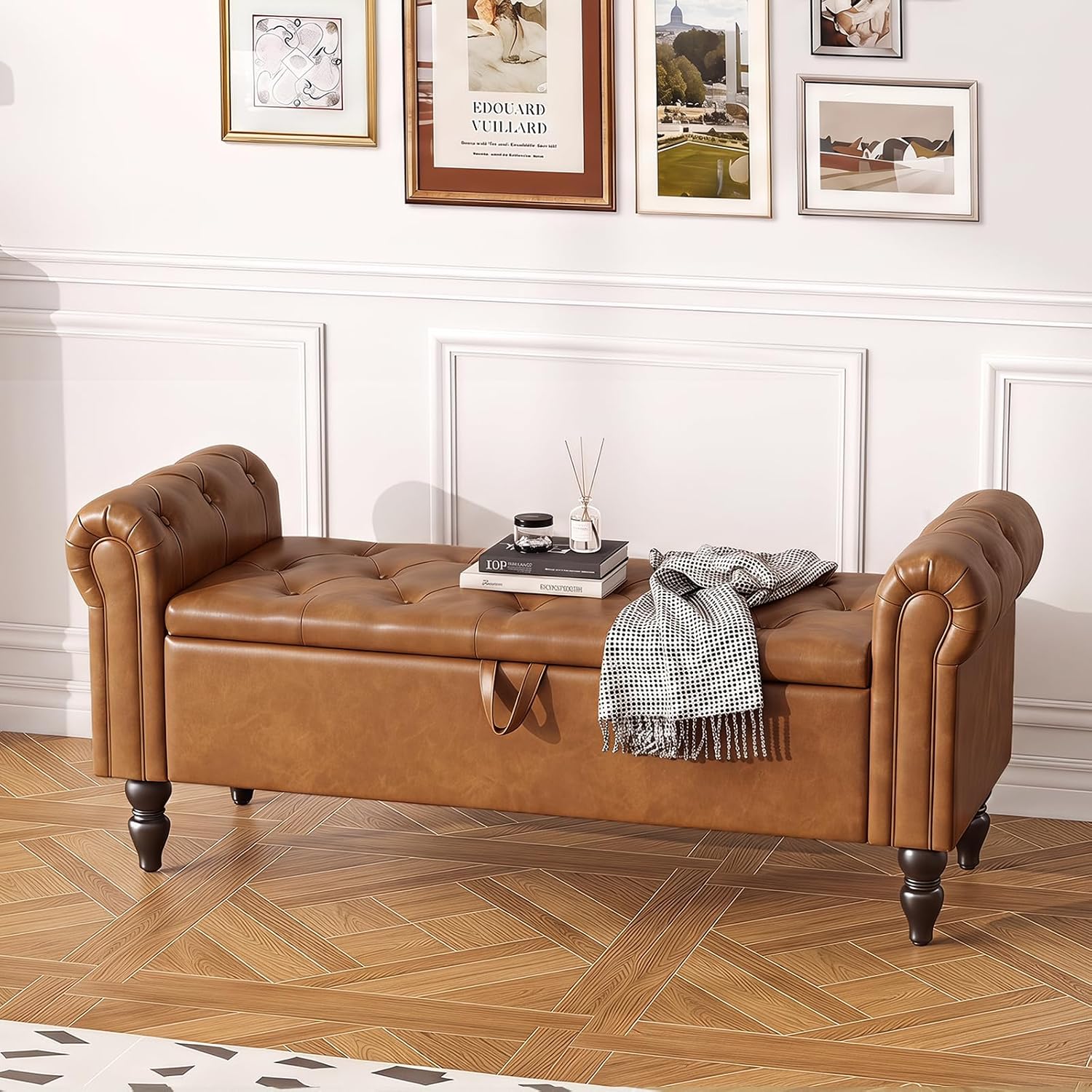 Furniliving 55” End of Bed Bench, Bedroom Bench with Button-Tufted, Large Upholstered Storage Ottoman Entryway Bench with Storage Shoe Cabinet Bench, for Bedroom, PU, YellowBrown