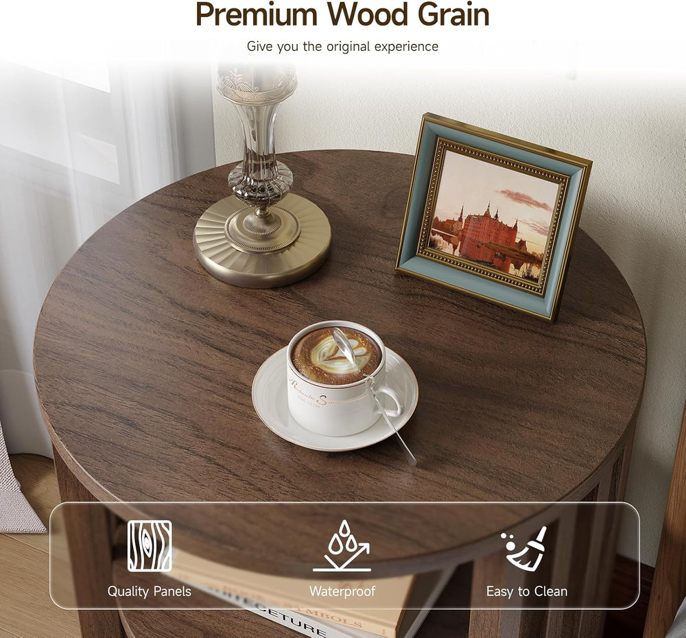 Round End Table Set of 2,Wood Side Tables for Living Room,Walnut