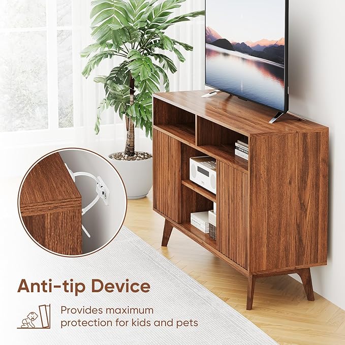 Concho Fluted TV Stand for 60 Inch TV, Modern Entertainment Center with Storage and Shelves, Wood TV Console with Solid Wood Legs, Tall Media Console, TV Cabinet for Living Room and Bedroom, Walnut
