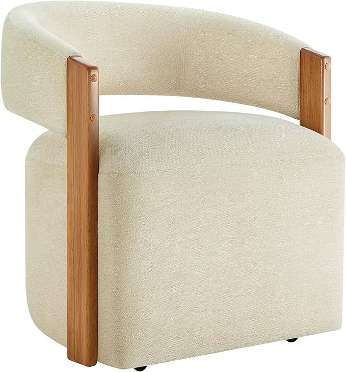 Upholstered Dining Chairs with Casters, Modern Barrel Side Armchair with Rollers & Wooden Armrest for Dining Room, Bedroom, Kitchen, Reading Room, Sand, Set of 1