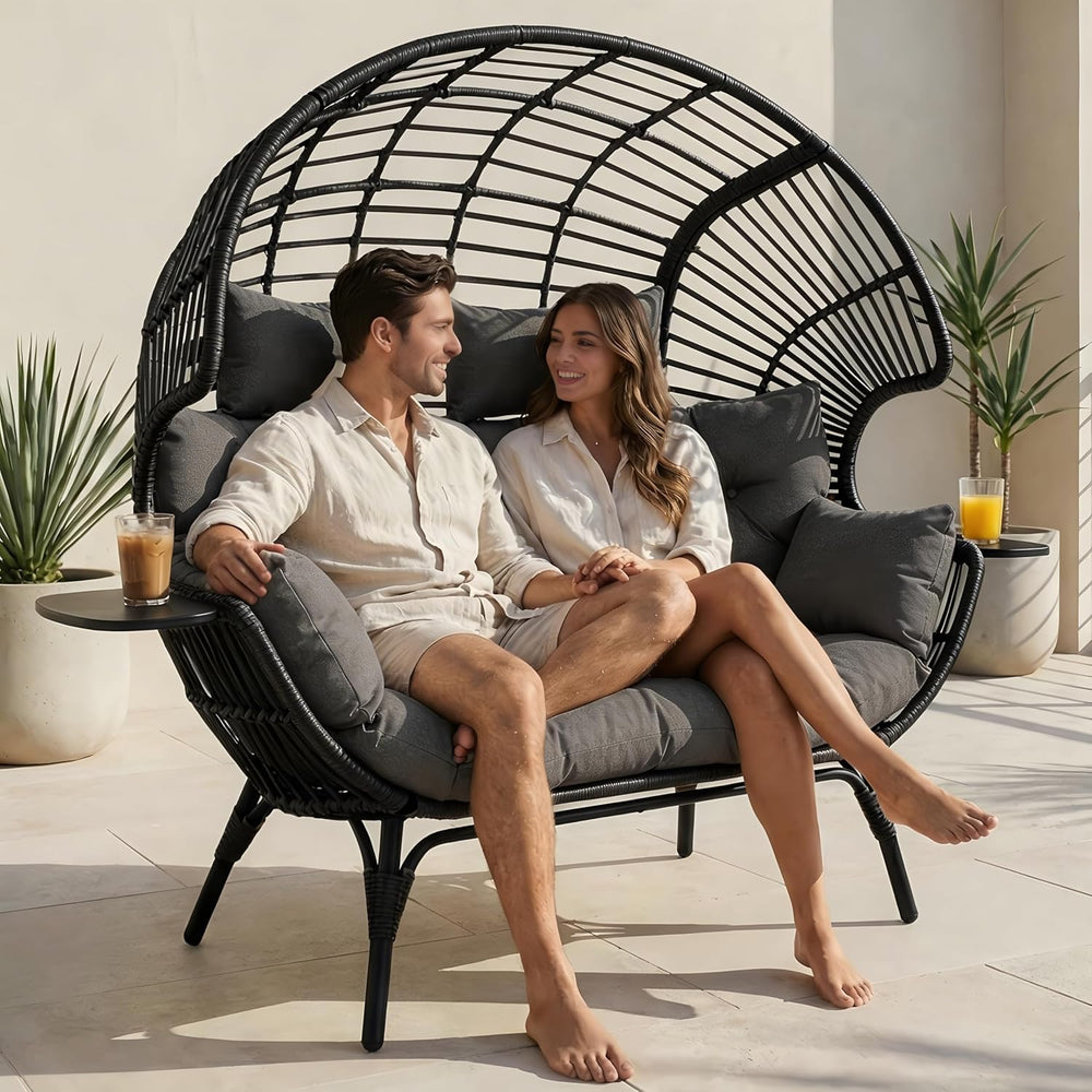 Double Egg Chair with Cup Holder Outdoor Indoor,2 Person Oversized Wicker Lou...