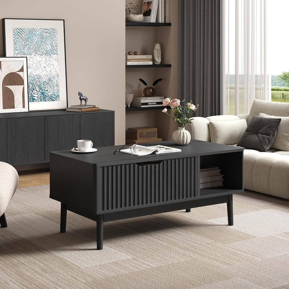 Fluted Lift Top Coffee Table with Storage, 37 Inch, Black