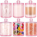 Tbestmax 6 Pack Qtip Holder - 12 oz, 10 oz Bathroom Organizer and Storage Containers, Plastic Apothecary Jars with Lids for Cotton Ball, Cotton Swab, Floss, Pink