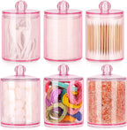 Tbestmax 6 Pack Qtip Holder - 12 oz, 10 oz Bathroom Organizer and Storage Containers, Plastic Apothecary Jars with Lids for Cotton Ball, Cotton Swab, Floss, Pink